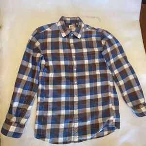 Uniqlo Men's Blue and Brown Plaid Casual Button Down Shirt | Medium